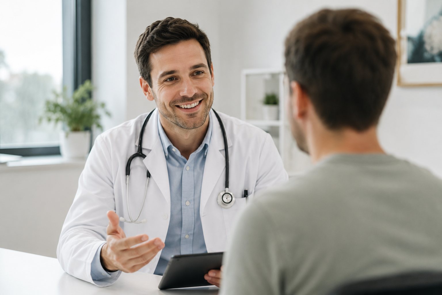 Physician with patient in exam room